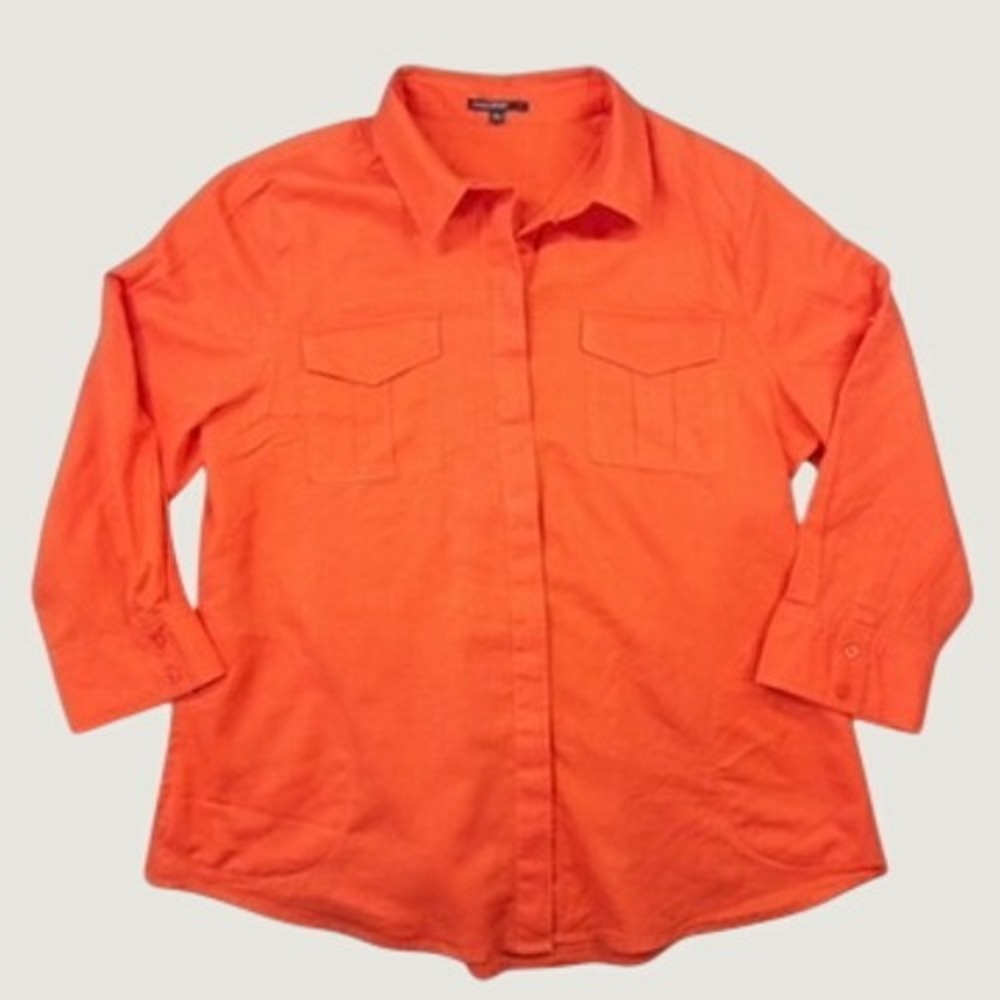 Chaus Sport Button Down Shirt Womens L Orange Linen Blend 3/4 Sleeve Utility
